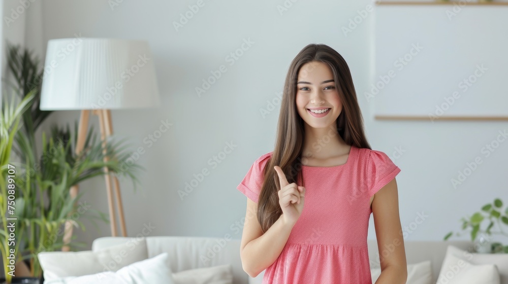 Smiling woman in pink dress, indoor setting, bright, cheerful, modern living space, positive energy Smiling woman in pink dress, indoor setting, bright, cheerful, modern living space, positive energy