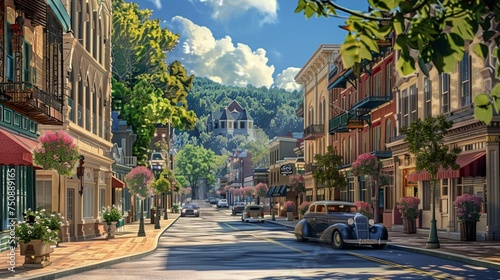 Experience the timeless beauty of Hot Springs, Arkansas, USA, as the historic town streets exude an aura of tranquility and charm, Illustration