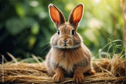 Adorable rabbit baby fluffy rabbit sitting on dry straw green nature background bunny pet animal farm concept