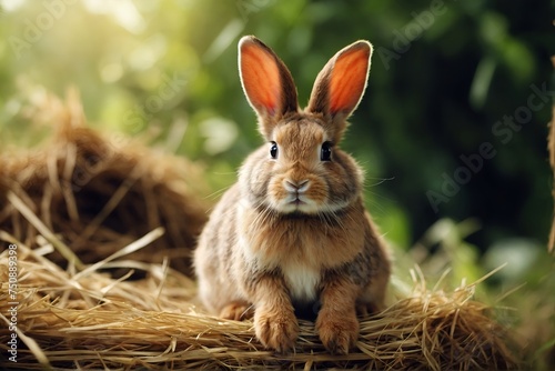 Adorable rabbit baby fluffy rabbit sitting on dry straw green nature background bunny pet animal farm concept © White IMGStock