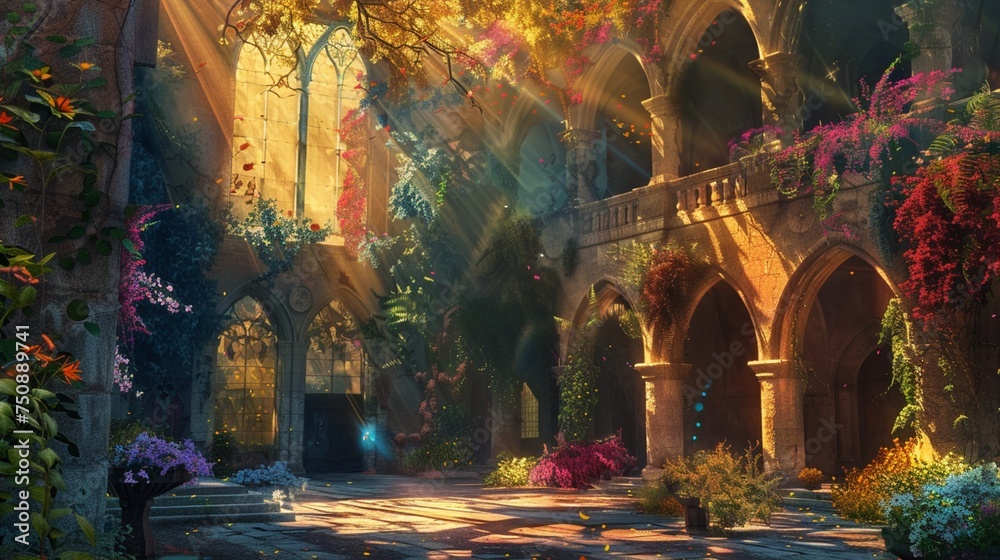 Explore the ethereal beauty of the Haghartsin monastery as shafts of golden sunlight filter through the dense canopy, casting a warm glow over the tranquil courtyard - obrazy, fototapety, plakaty 