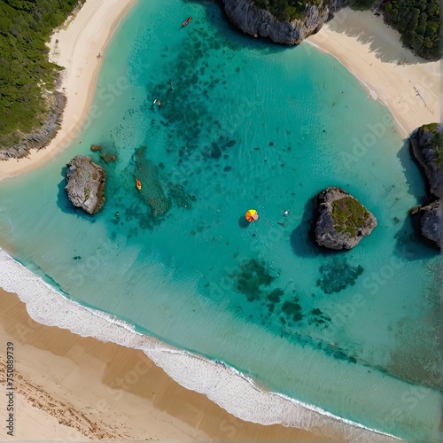 Aerial view of a paradisiacal beach, devoid of people.