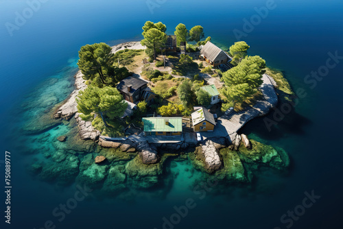 Top view of a small island with houses in the middle of the ocean, sea. Generated by artificial intelligence