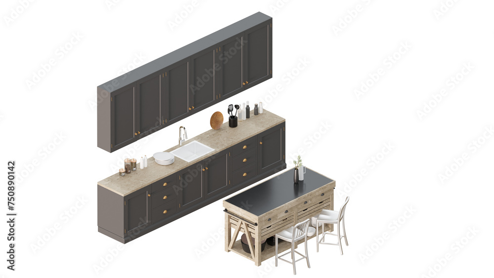 08 Isometric projection of a kitchen, with island, stool, sink. 3d rendering 08 Isometric projection of a kitchen, with island, stool, sink. 3d rendering
