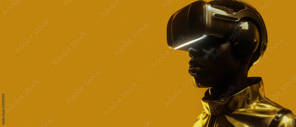 A dazzling figure in a futuristic golden suit immerses in VR, set before a monochromatic yellow background A dazzling figure in a futuristic golden suit immerses in VR, set before a monochromatic yellow background