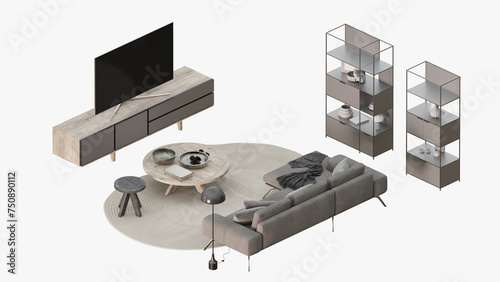 04 Isometric projection of a living room with a TV, a TV stand, a shelf, a sofa, coffee or coffee tables, a carpet, a floor lamp and decor in gray and beige tones. 3d rendering
