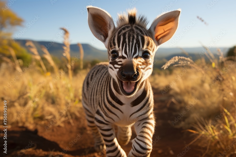 Fototapeta premium Zebra baby has fun with her pack., generative IA