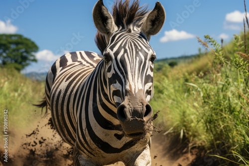 Zebra running fast in the savannah.  generative IA