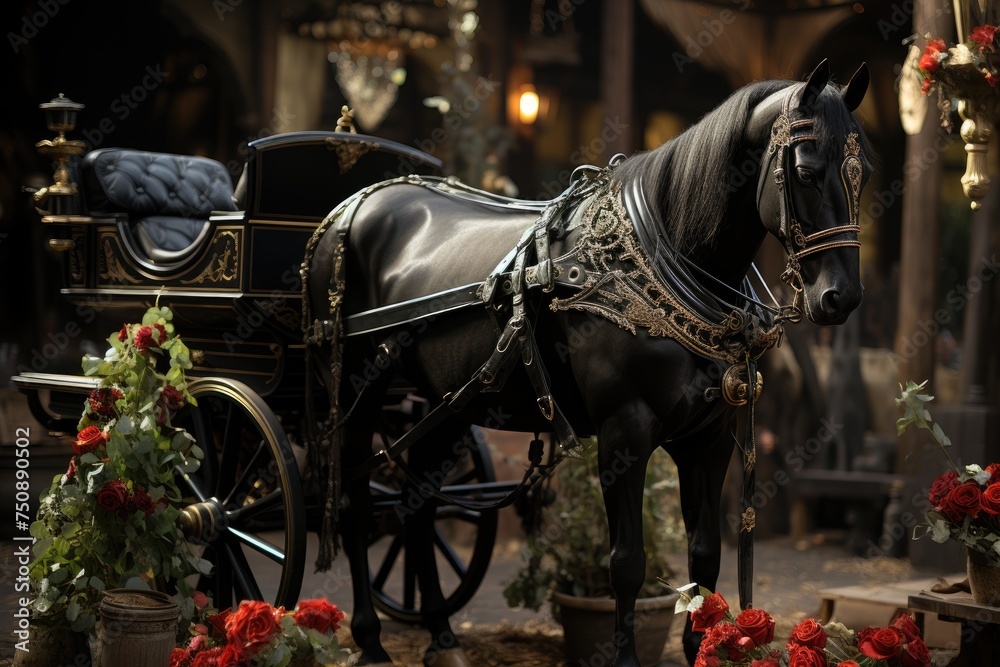 Elegant horse prepared for parade with saddle., generative IA