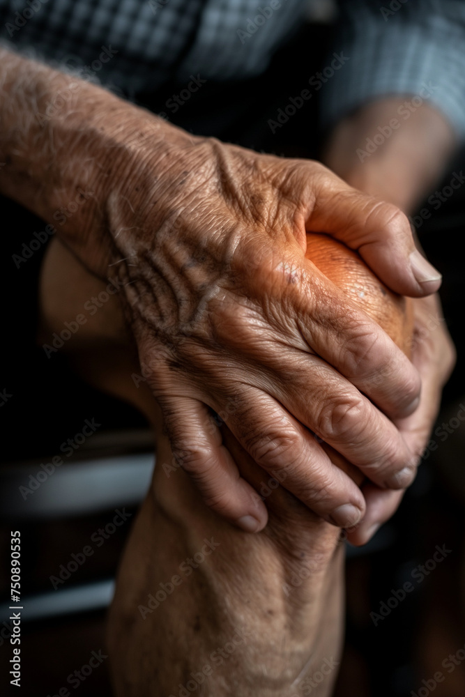 Fototapeta premium Healthcare focus: Man suffers from knee pain, glowing area illustrating discomfort. Ideal for medical, therapy, and fitness content emphasizing joint health and pain management strategies