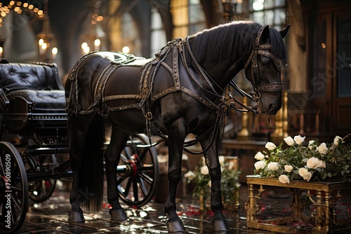 Elegant horse prepared for parade with saddle.  generative IA