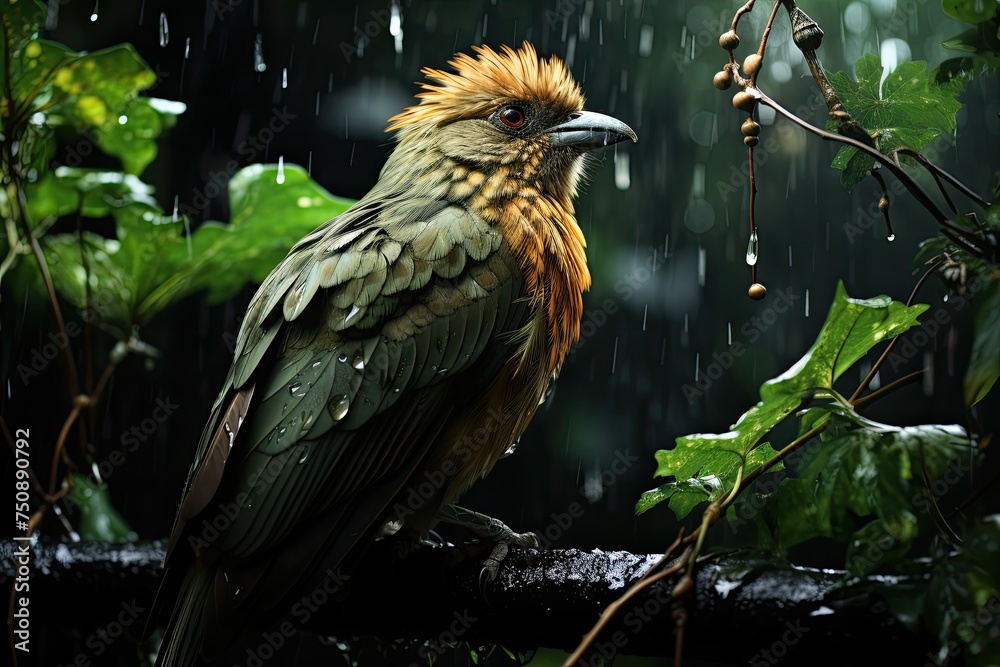 Chicken sheltered under a soft rain tree., generative IA Chicken sheltered under a soft rain tree., generative IA