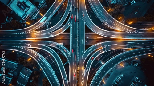 Arial top view of Modern transportation with Expressway, Road, and Roundabout, multilevel junction highway-top view. at night photo
