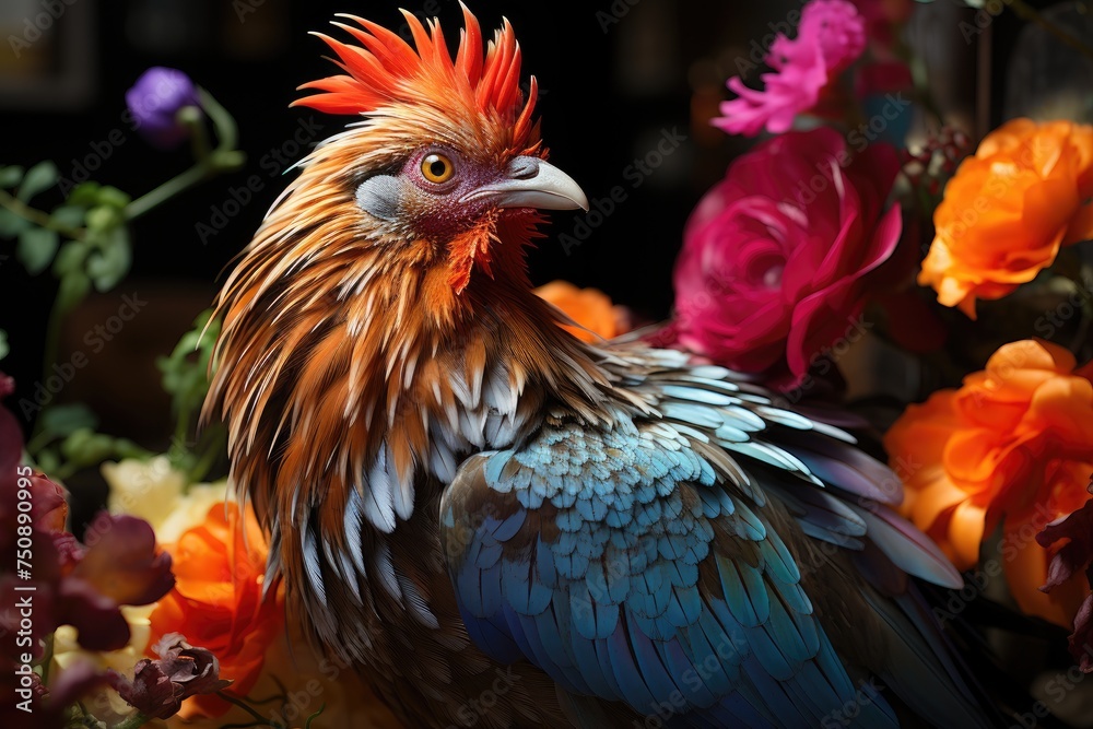 Colorful chicken walks in lush garden., generative IA Colorful chicken walks in lush garden., generative IA