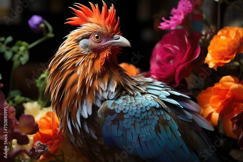 Colorful chicken walks in lush garden., generative IA