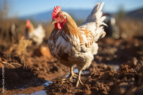 Brown chicken scratching in search of food under the sun., generative IA
