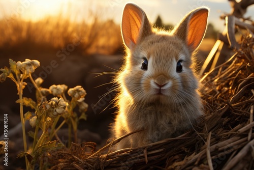 Rabbit relaxes in golden hay basket., generative IA