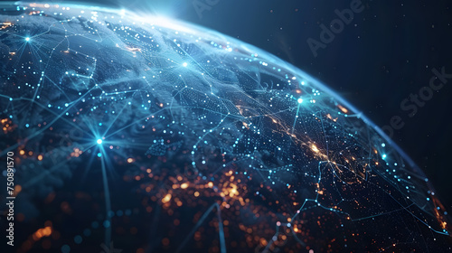  the blue earth is shown with many lines and stars  in the style of bokeh panorama  captivatingly atmospheric cityscapes  light red and teal  atmospheric and moody lighting  social network analysis