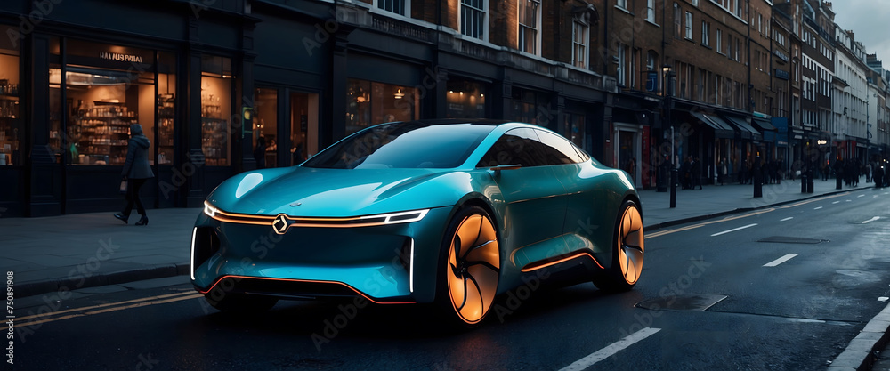 Futuristic Generic electric car concept design with colorful ambiance in London high street on black background as a wide banner with copyspace area.