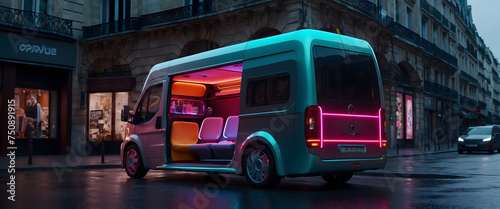 Futuristic Generic electric van concept design with colorful ambiance in Paris high street on black background as a wide banner with copyspace area, big ben and bus.