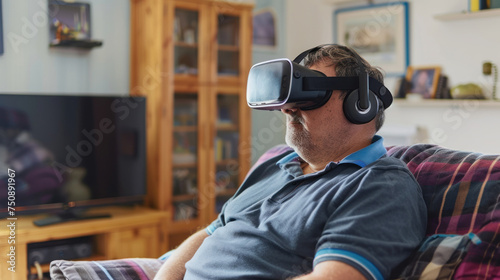 A senior man is engaged with a virtual reality headset, sitting comfortably in his living room setup © Fxquadro