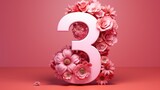 Three-dimensional figure on a pink background, decorated with delicate flowers. A greeting card for the holiday.