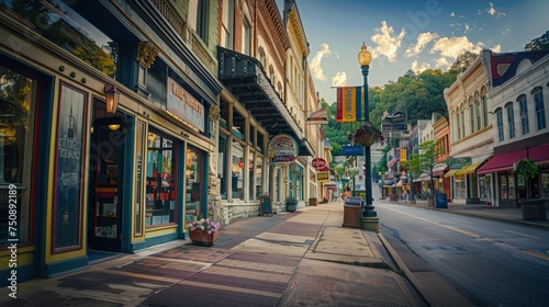 Wander through the charming streets of Hot Springs, Arkansas, USA, where historic buildings line the sidewalks, adorned with vibrant storefronts and colorful banners fluttering in the breeze