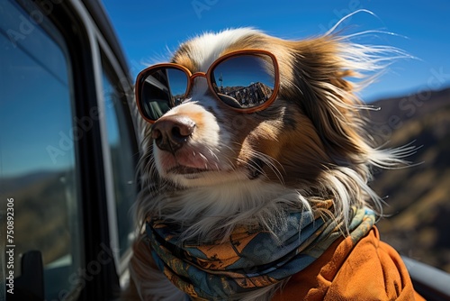 Cool dog with glasses and bandana riding by car., generative IA