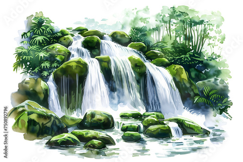 Verdant Tropical Waterfall Scenery Illustration - Isolated on White Transparent Background   
