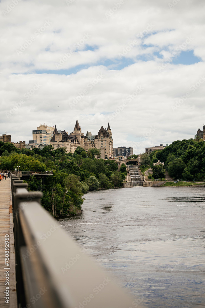 Downtown Ottawa, Château Laurier and locks viewed from the bride over Ottawa river
