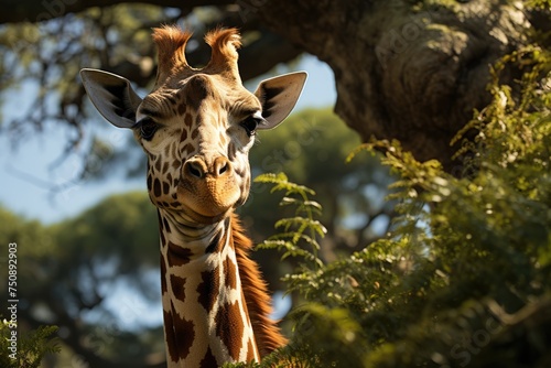 Giraffe stretching the neck to reach juicy leaves., generative IA