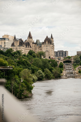 Downtown Ottawa, Château Laurier and locks viewed from the bride over Ottawa river 