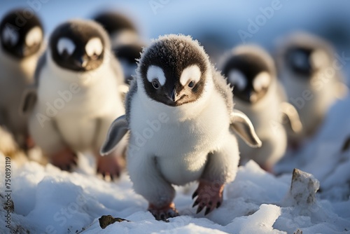 Penguins babies sliding in the snow from Antarctica., generative IA