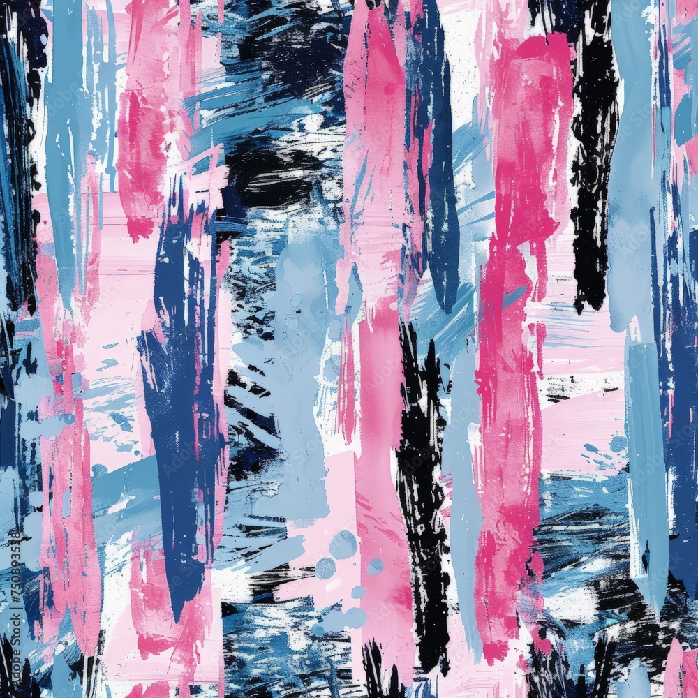 An abstract painting featuring vibrant shades of blue, pink, and black, creating a dynamic and bold composition with various textures and shapes.