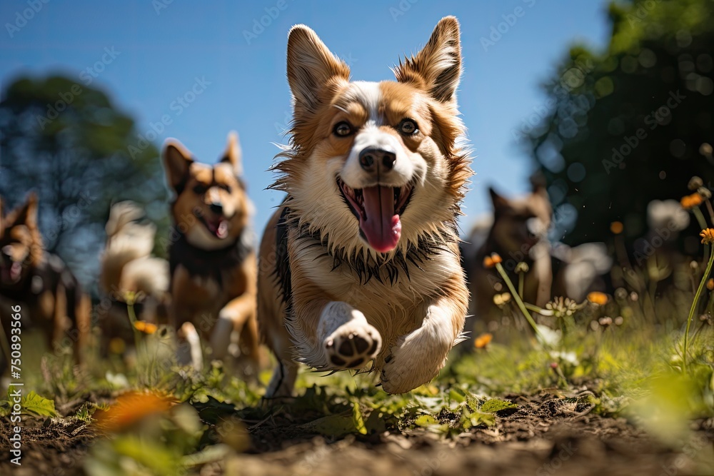 Dogs having fun in a sunny park., generative IA