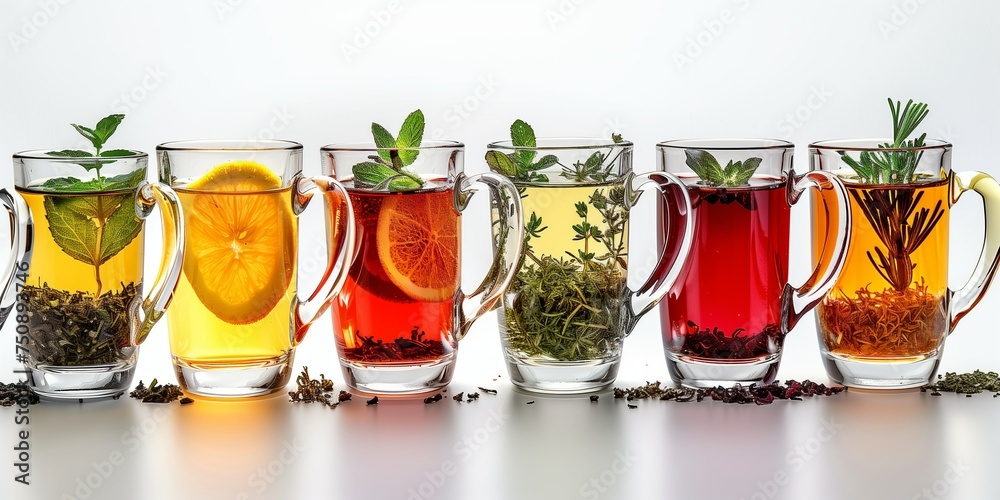 Six similar glass cups with tea and herbs inside standing on the table isolated on white background Six similar glass cups with tea and herbs inside standing on the table isolated on white background