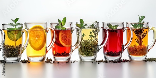 Six similar glass cups with  tea and herbs inside standing on the table  isolated on white background photo