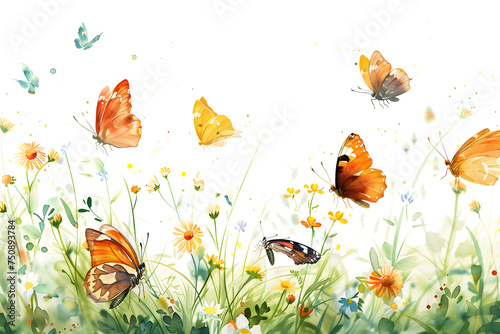 Watercolor Meadow with Butterflies: Artistic Spring Nature Scene - Isolated on White Transparent Background