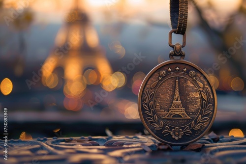 Olympic Medal, representing the Paris games, with a backdrop of the Eiffel Tower, Paris. © Evandro
