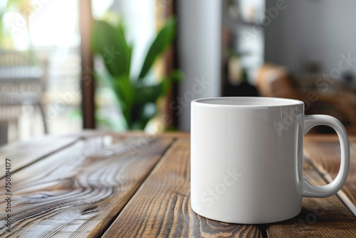 Blank White Mug on Wooden Table with Interior Background for Mug and Coffee Cup Mockup
