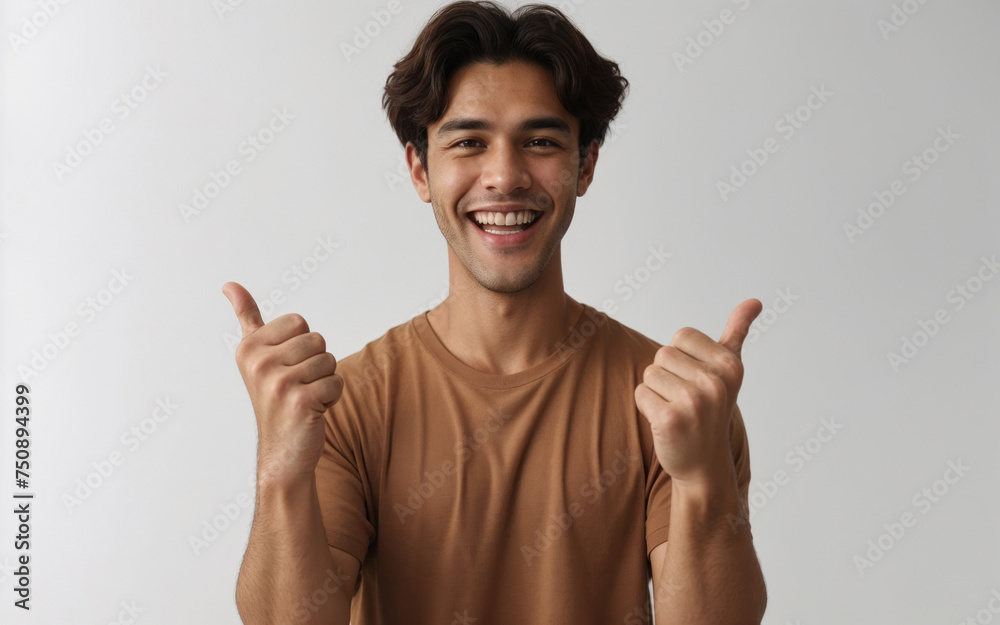 Young man in an orange t-shirt showing the “everything is fine” gesture with both hands Young man in an orange t-shirt showing the “everything is fine” gesture with both hands