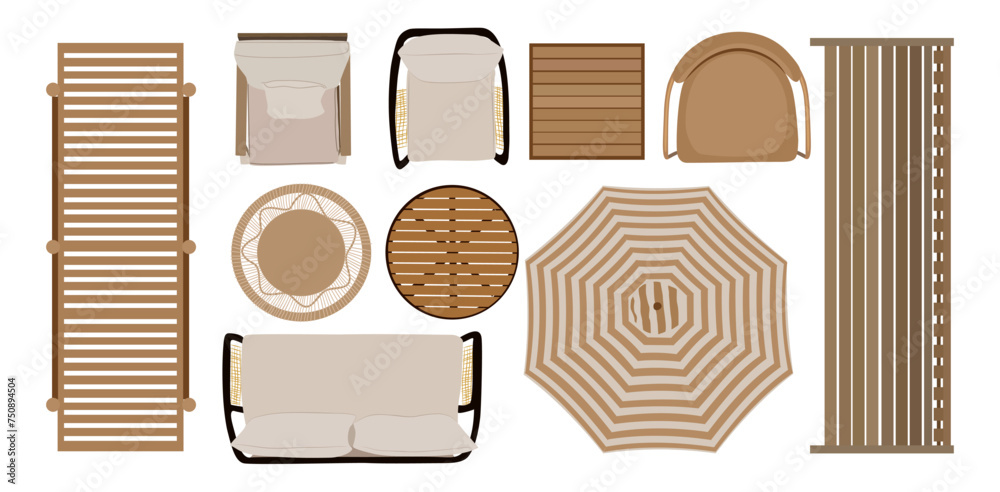 Top view of furniture icons for interior and landscape design plan. Sunbed, armchairs, table, terrace, patio, garden, porch zone. Vector realistic illustration isolated on transparent background.  - obrazy, fototapety, plakaty 