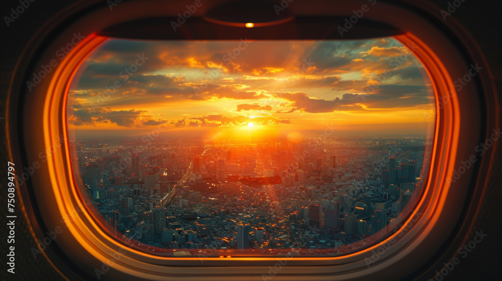Beautiful scenic city view of sunset through the aircraft window. Image save-path for window of airplane. Beautiful scenic city view of sunset through the aircraft window. Image save-path for window of airplane.