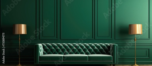 A classic living room featuring green walls with mouldings and a tufted emerald green couch on a herringbone parquet floor. The room exudes a timeless elegance and offers a cozy space for relaxation.