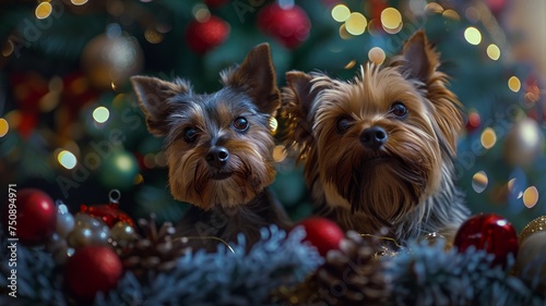Festive dogs by a Christmas tree looking curiously at the camera