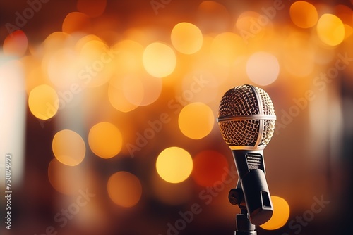 closeup microphone on stage with blurred gold bokeh background with copy space