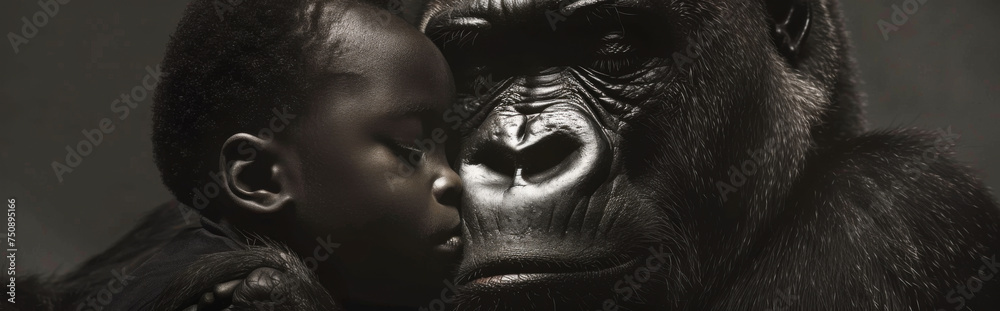 Close-up portrait of a baby kissing a gorilla on black background
 - obrazy, fototapety, plakaty 