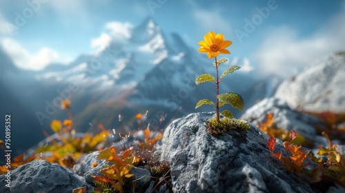 a lone yellow flower grows on a rock in the middle of a field with snow capped mountains in the background. photo