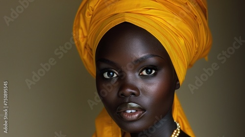 a woman wearing a yellow turban with a pearl necklace on her neck and a pearl necklace on her neck. photo