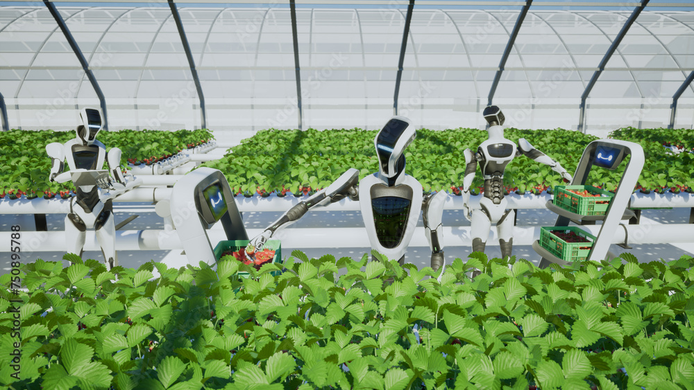 Artificial intelligence robot harvesting strawberry in the greenhouse, 3d render